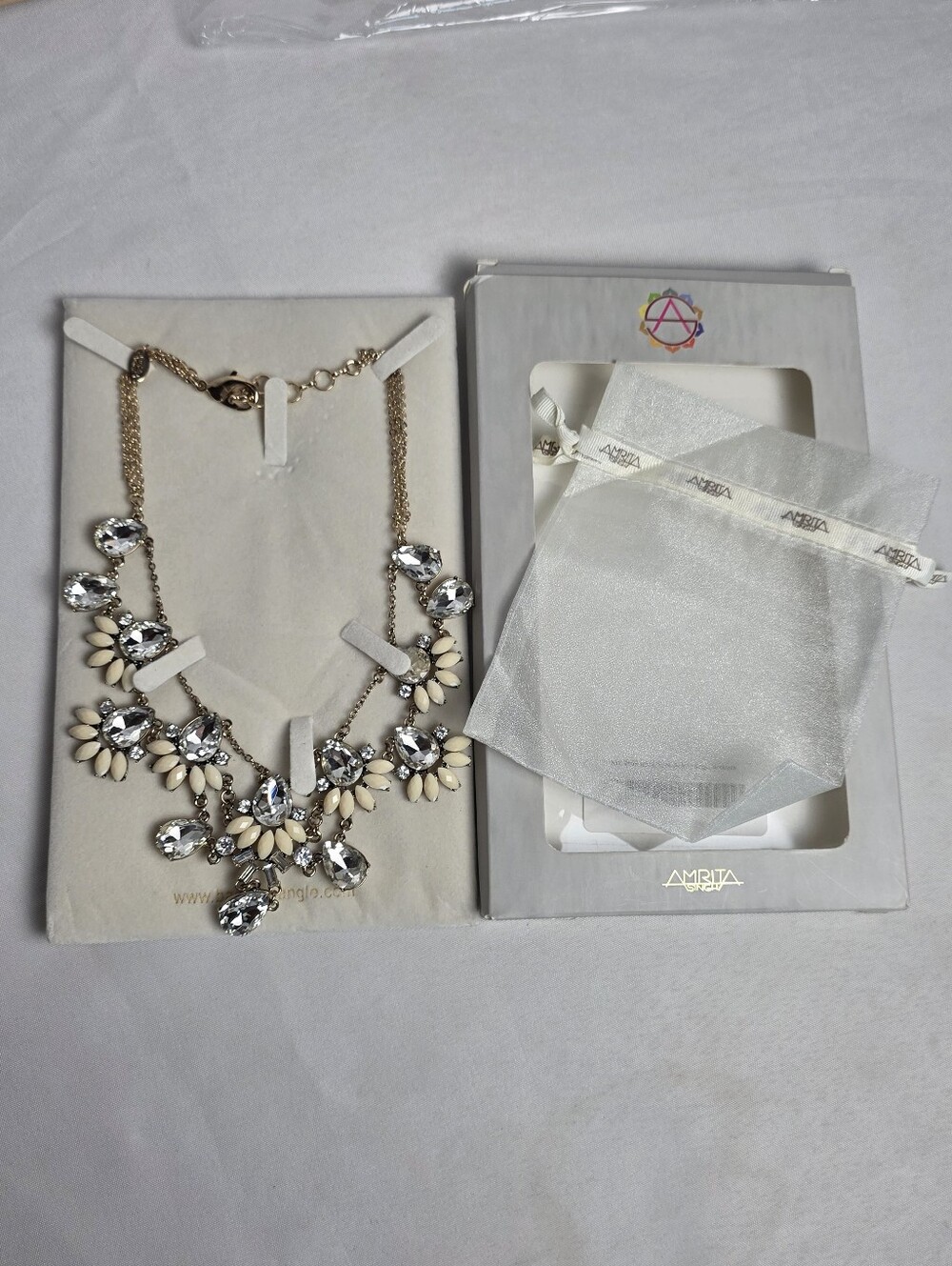 Gold Tone Statement Bib Necklace Cream/ Clear Floral Design Amrita Singh New